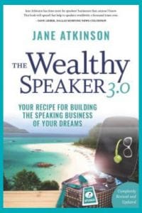 image of Jane Atkinson's book The Wealthy Speaker 3.0 in front of a blue background